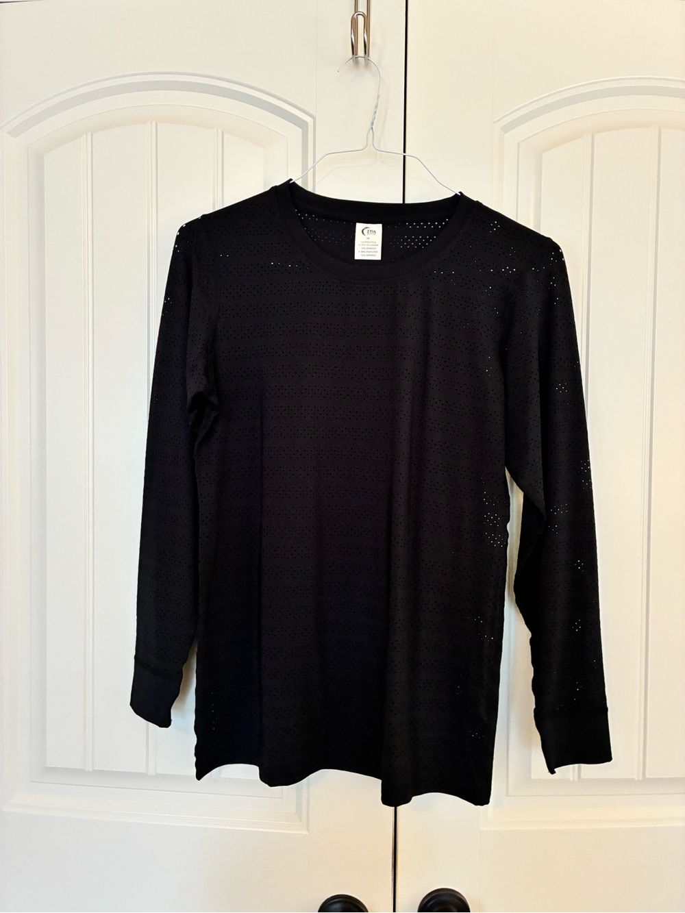 ZYIA Black Long Sleeve Perforated Crewneck Tee